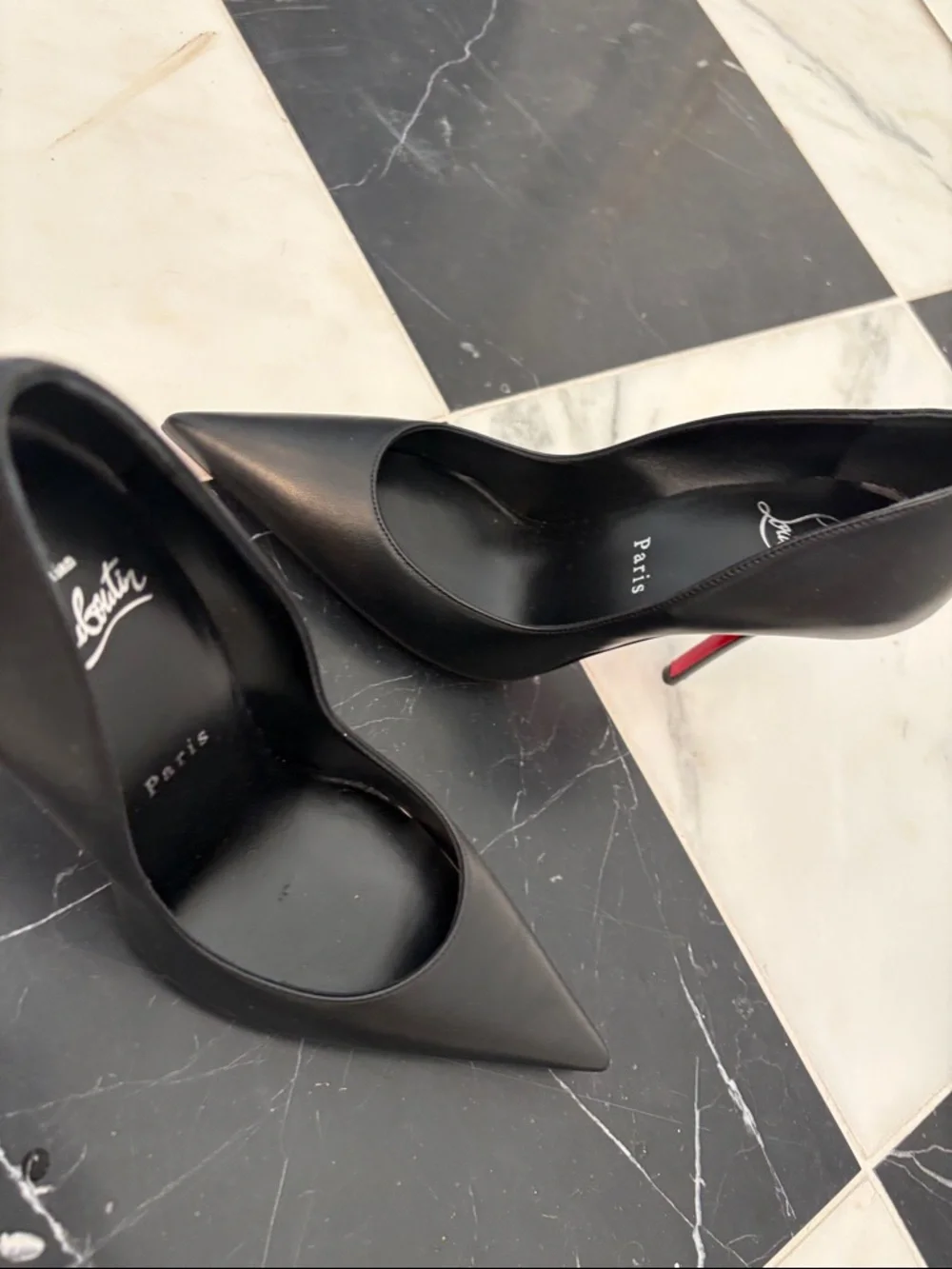 Christian Louboutin Black Leather Ms.Z 100 Pointed Toe Pumps with Red Sole - Picture 1 of 7